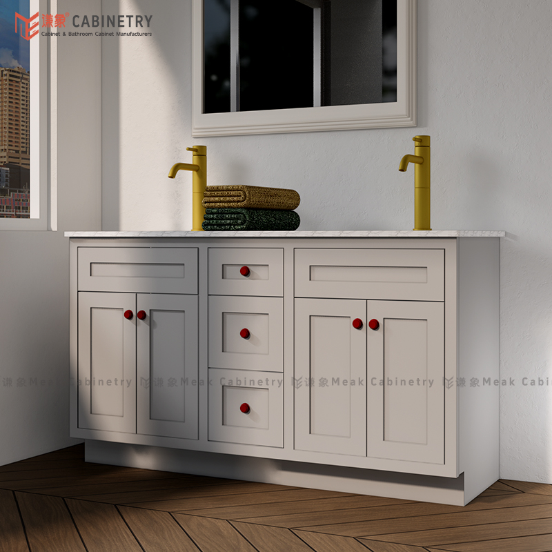 MEAKCABINETRY 60'' Shaker Double Basin Bathroom Vanity Floor Mounted high-end solid wood inset baked paint bathroom cabinet BIVCD60